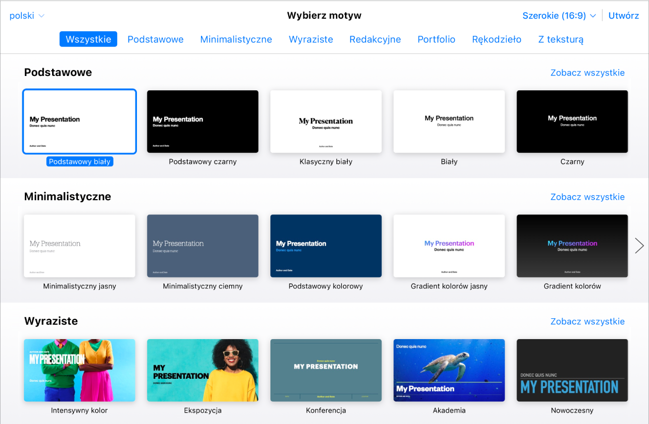 Paleta motywów wyświetlająca kilka miniatur szablonów. Wybrany jest motyw o nazwie Podstawowy biały.