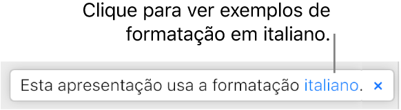Uma mensagem que diz “Esta apresentação usa a formatação Italiano”.