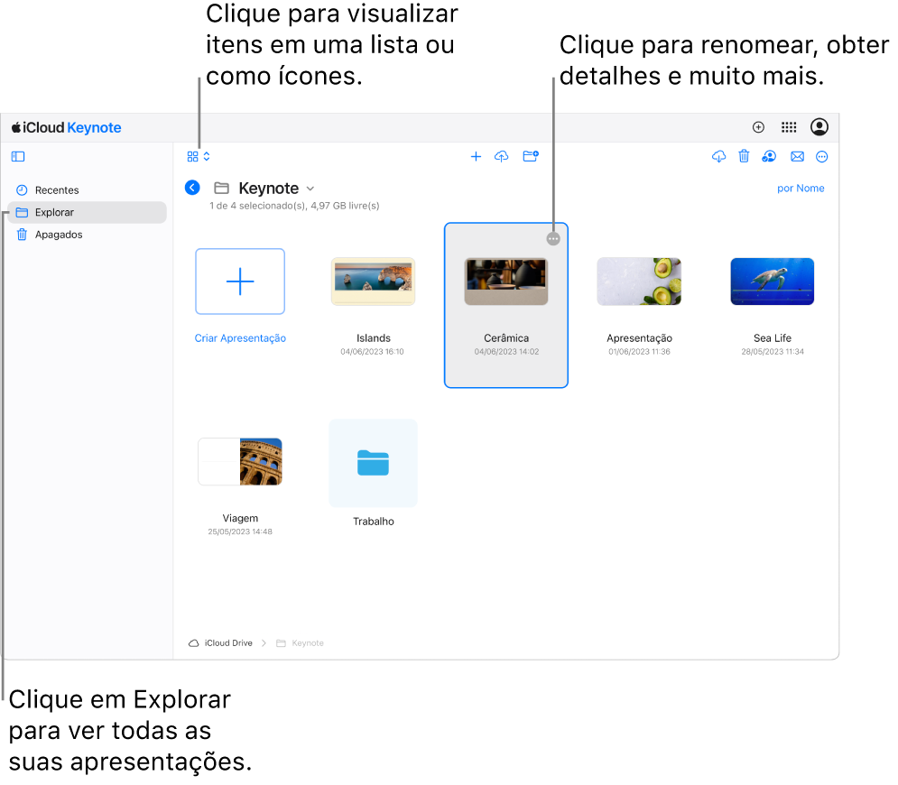 O gerenciador de documentos na visualização Explorar, mostrando apresentações do Keynote como ícones em uma grade. O botão Mais (três pontos) está visível no canto superior direito da apresentação selecionada. Acima das apresentações, o lado esquerdo da barra de ferramentas tem um menu local onde você pode escolher visualizar os itens como ícones ou em uma lista. Do lado direito da barra de ferramentas estão botões para baixar uma cópia, colaborar, enviar por e-mail ou apagar.