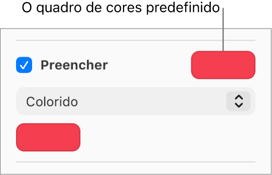 A caixa de seleção Preenchimento está marcada na barra lateral, e o seletor de cores predefinidas à direita da caixa de seleção está preenchido com a cor roxa. Abaixo da caixa de seleção, Colorido está escolhido em um menu pop-up.