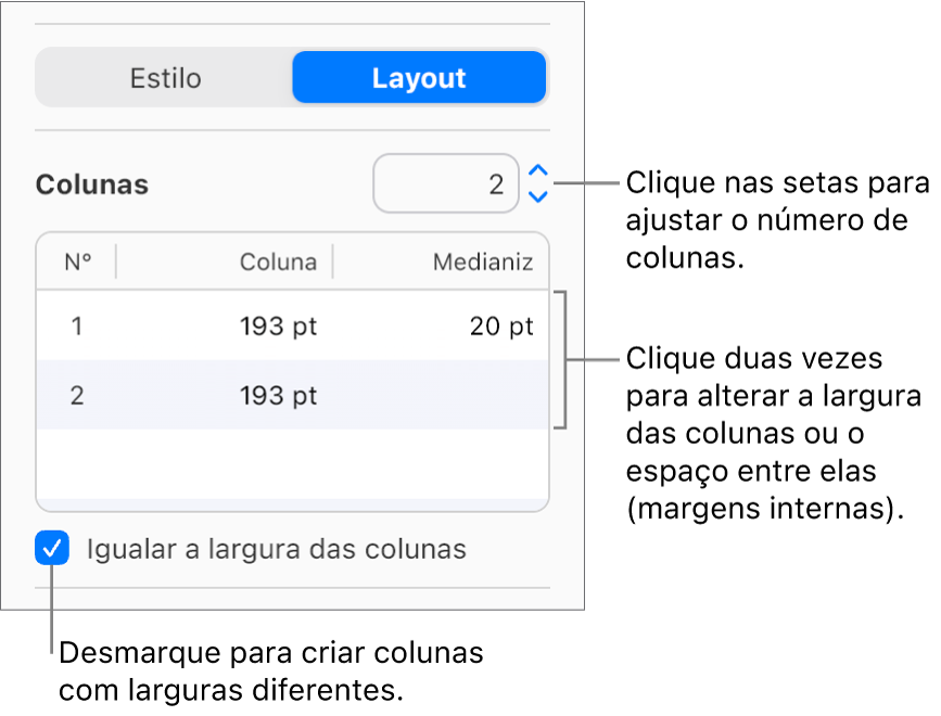 Os controles da coluna de texto na parte Layout da barra lateral Formatar.