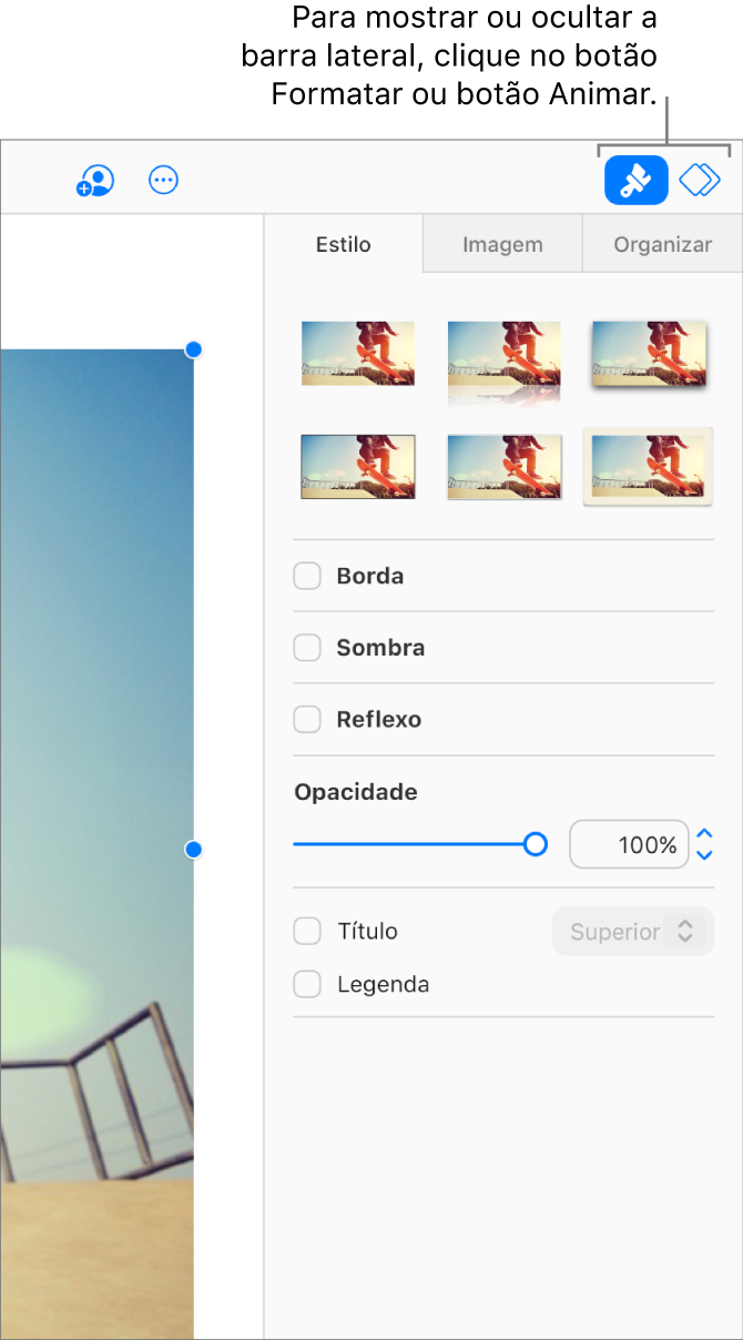 O botão Formatar está selecionado na barra de ferramentas e controles de estilo, sombra e outros tipos de formatação aparecem na barra lateral à direita do slide.