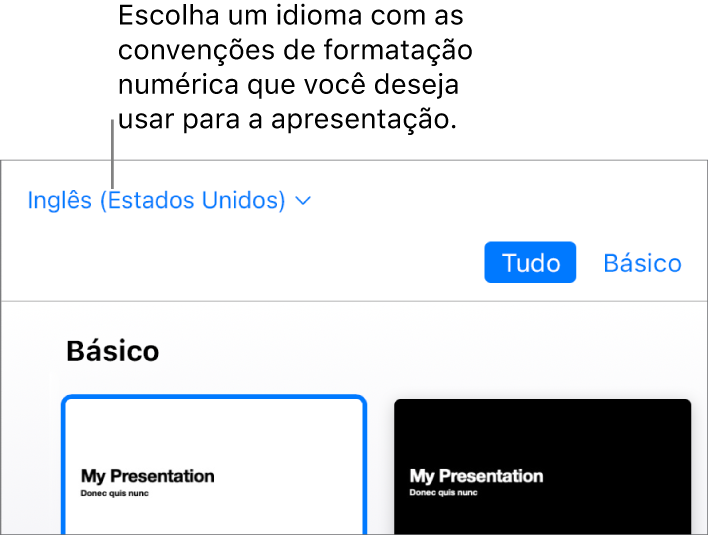 O menu pop-up no canto superior esquerdo do seletor de temas com Inglês (Estados Unidos) selecionado.