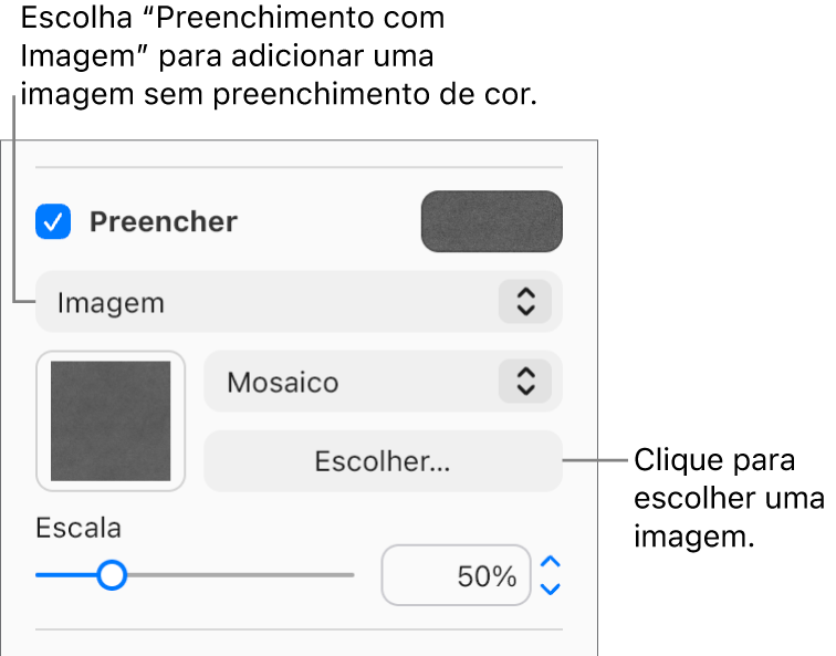 A caixa de seleção Preenchimento é marcada na barra lateral e o Preenchimento de imagem é escolhido no menu pop-up abaixo da caixa de seleção. Controles para escolher a imagem, como ela preenche o objeto e a escala dela são exibidos abaixo do menu pop-up. Uma pré-visualização do preenchimento com imagem aparece no quadrado (depois que uma imagem é escolhida).