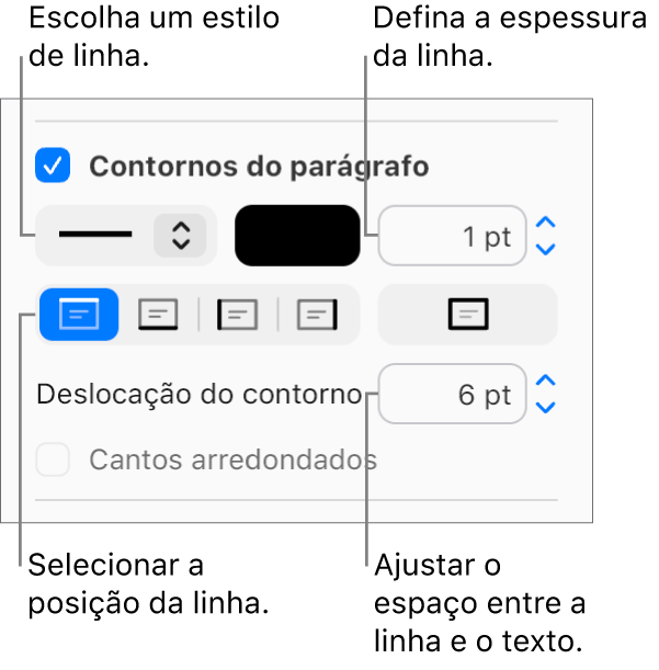 A opção “Bordas do parágrafo” está assinalada no separador "Disposição” na barra lateral "Formatação” e os controlos para alterar o estilo, cor, espessura, posição e deslocação da linha em relação ao texto são apresentados por baixo da opção assinalável.