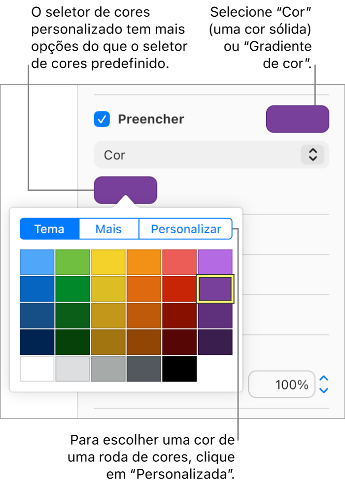 A opção “Preenchimento de cor” está selecionada no menu pop-up sob a opção assinalável “Preenchimento” e a paleta de cores sob o menu pop-up apresenta opções adicionais de preenchimento de cor.