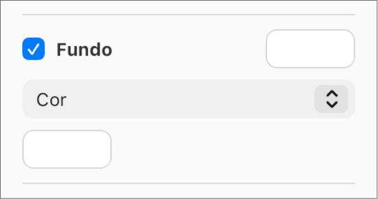 A opção "Fundo” está assinalada na barra lateral e a paleta de cores predefinida, à direita da opção assinalável, está preenchida a branco. Sob a opção assinalável, a opção "Preenchimento de cor” está selecionada no menu pop-up e, por baixo, a paleta de cores personalizada está preenchida a branco.
