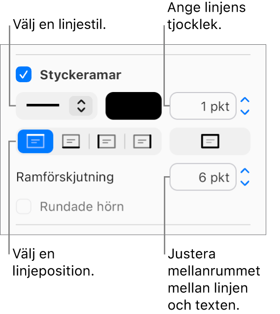 Kryssrutan Styckeramar är markerad på fliken Layout i formatsidofältet, och reglage för att ändra linjestil, färg. tjocklek, placering och förskjutning på linjen visas under kryssrutan.
