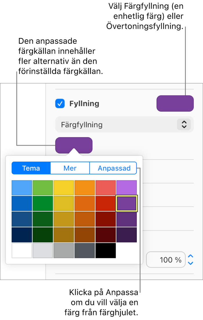 Färgfyllning har valts i popupmenyn Fyllning och färgkällan nedanför popupmenyn visar ytterligare alternativ för färgfyllning.