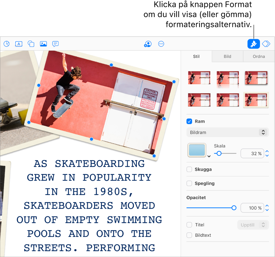 En bild i en presentation väljs och kontroller för att ändra dess utseende (till exempel kryssrutor för kant och skugga) visas i sidofältet till höger.