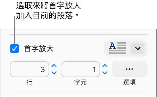 已選取「首字放大」註記框，其右方顯示彈出式選單；其下方顯示設定行高、字元數和其他選項的控制項目。