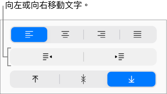 「格式」側邊欄中的「減少縮排」或「縮排」按鈕。