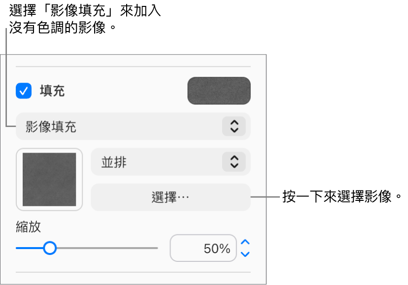 側邊欄中已選取「填充」註記框，註記框下方的彈出式選單也已選取「影像填充」。選擇影像、影像填充物件的方式，以及影像尺寸的控制項目顯示於彈出式選單下方。影像填充的預覽在正方形中顯示（在選擇影像後）。