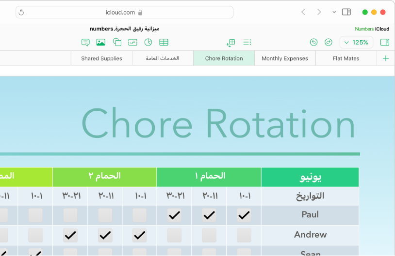 يعرض الجزء العلوي الأيمن من جدول البيانات خمس علامات تبويب للورقة؛ يتم تحديد ورقة التدوير الروتيني، ويظهر جدول يحتوي على معلومات الأعمال الروتينية على الورقة.
