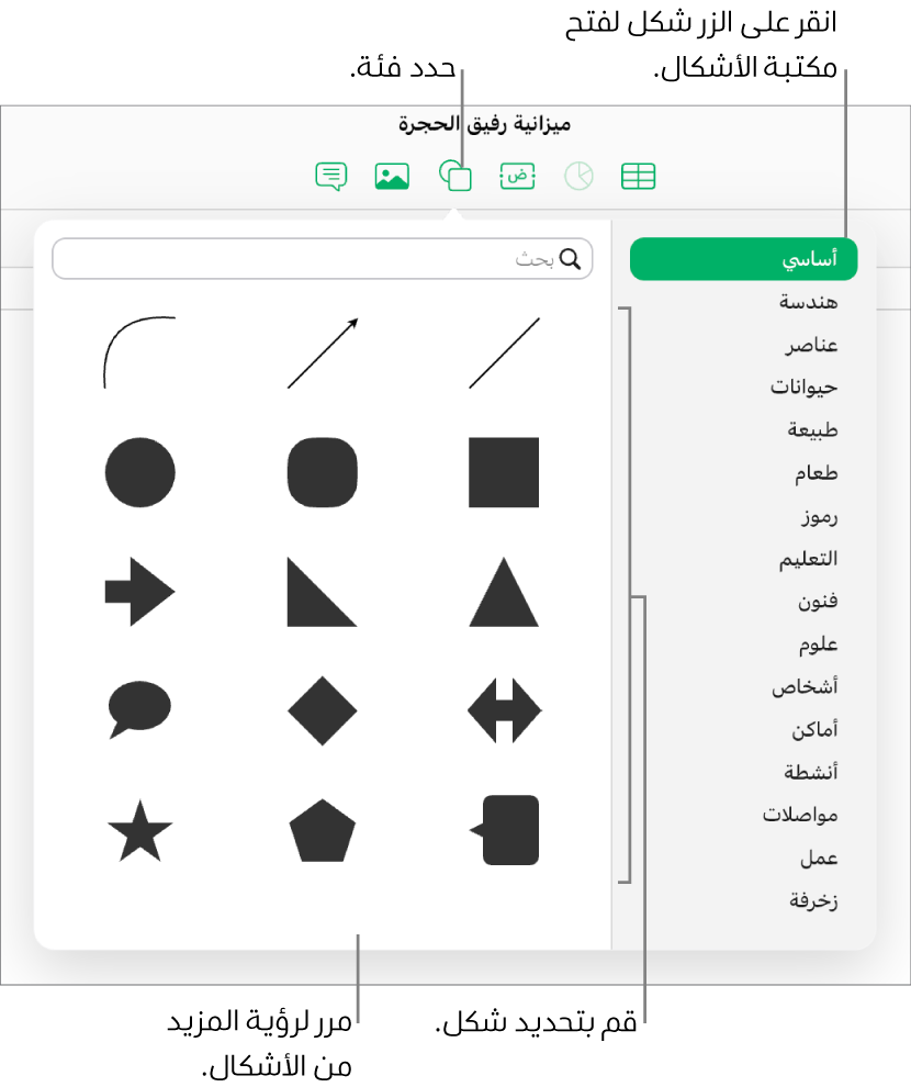 تكون مكتبة الأشكال مفتوحة أسفل الزر "شكل" في شريط الأدوات. يتم تحديد الفئة "أساسي" الموجودة إلى اليمين، ويتم عرض بعض الأشكال المشتركة (بما في ذلك الدوائر والمربعات والخطوط) إلى اليسار.