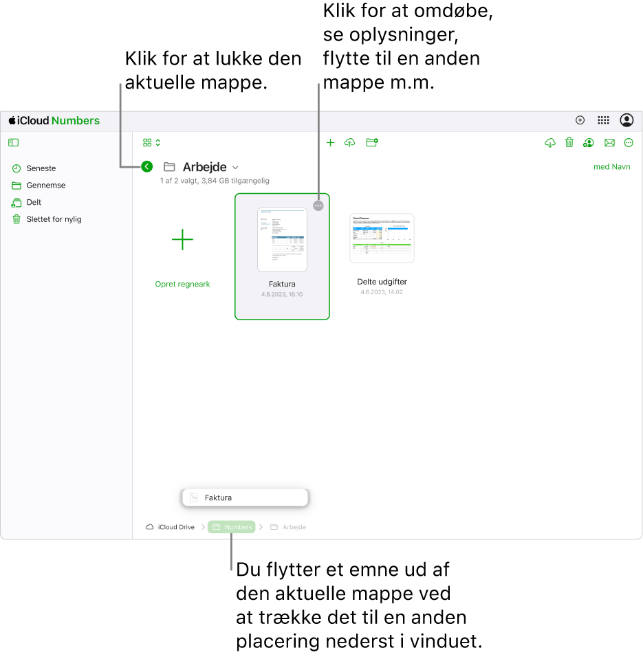 Dokumentadministrationen i oversigten til gennemsyn, hvor et regneark trækkes fra den aktuelle mappe til en ny placering (mappen Numbers) i bunden af vinduet. Under værktøjslinjen vises knappen Tilbage til venstre for det aktuelle mappenavn (Arbejde).