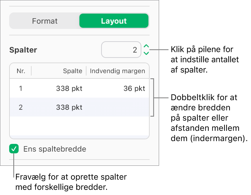 Funktionerne for tekstkolonner i vinduet Layout for indholdsoversigten Format.