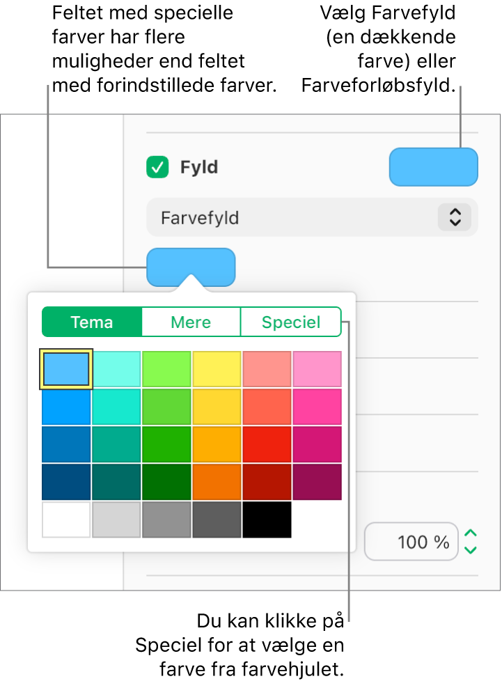 Farvefyld er valgt på lokalmenuen under afkrydsningsfeltet Fyld, og farvefeltet under lokalmenuen viser yderligere muligheder for farvefyld.