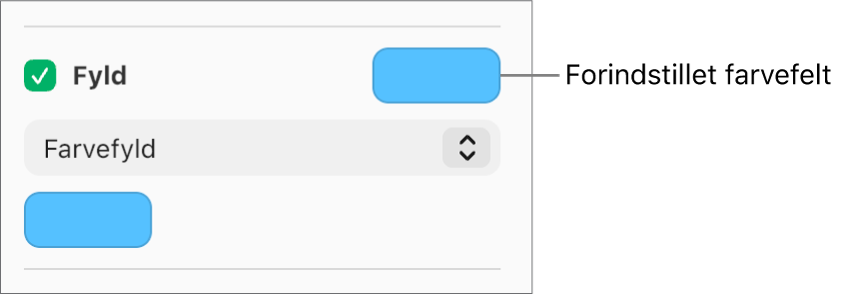 Afkrydsningsfeltet Fyld er markeret i indholdsoversigten, og det forudindstillede farvefelt til højre for afkrydsningsfeltet er udfyldt med lilla. Under afkrydsningsfeltet vælges der Farvefyld på en lokalmenu.