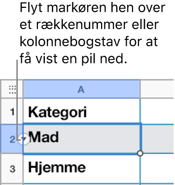 Et rækkenummer er valgt i en tabel, og der ses en pil ned til højre.