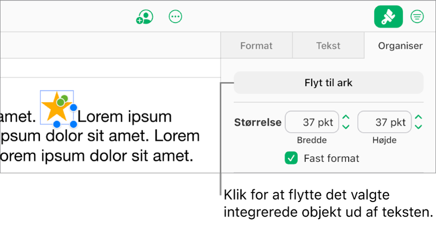 Et integreret billede i et tekstfelt er valgt, og knappen Flyt til ark er synlig under fanen Arranger i indholdsoversigten.