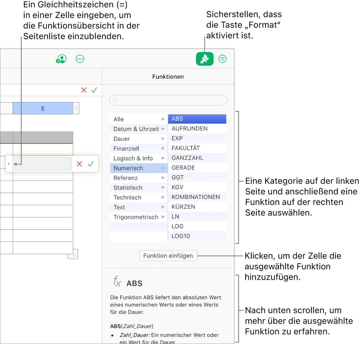 Ein Gleichheitszeichen erscheint in einer Tabellenzelle, die Taste „Format“ ist in der Symbolleiste ausgewählt und die Funktionsübersicht erscheint in der rechten Seitenleiste „Format“. Die Absolutwertfunktion ist ausgewählt. Unter der Liste der Funktionen erscheint eine Beschreibung der Funktion.