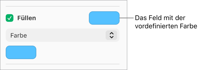 Das Markierungsfeld „Füllen“ in der Seitenleiste ist aktiviert und das Feld mit der vordefinierten Farbe rechts neben dem Markierungsfeld ist mit Lila gefüllt. Unter dem Markierungsfeld ist „Farbe“ im Einblendmenü ausgewählt.