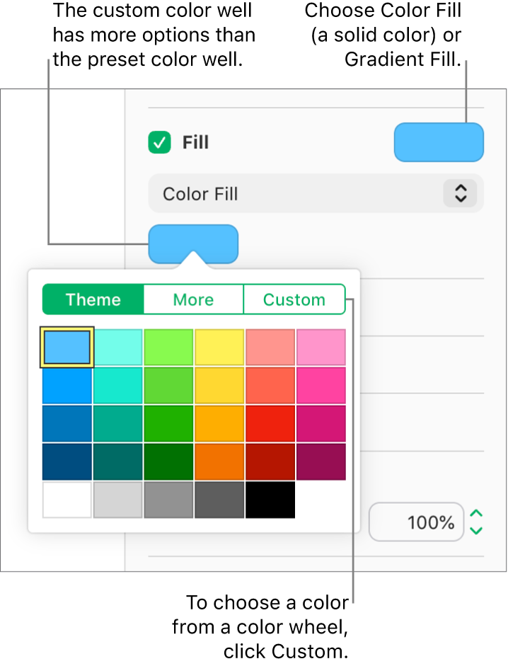 Color Fill is selected in the pop-up menu below the Fill checkbox, and the color well below the pop-up menu shows additional color fill options.