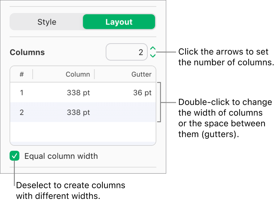The text column controls in the Layout pane of the Format sidebar.