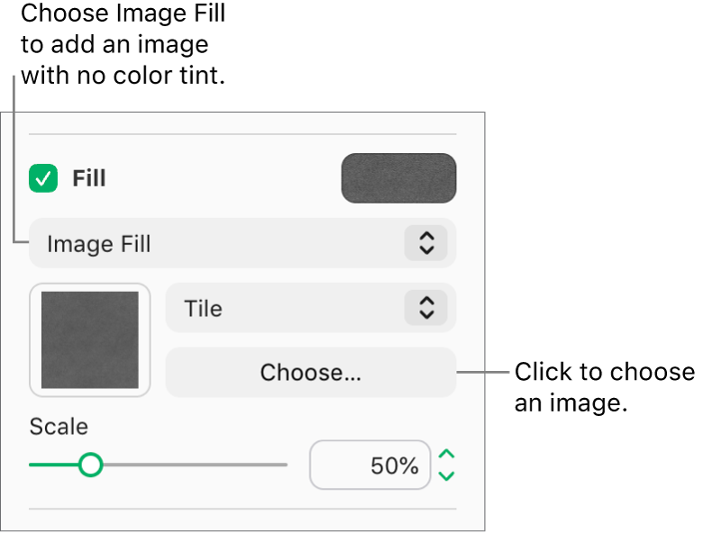 The Fill checkbox is selected in the sidebar, and Image Fill is chosen in the pop-up menu below the checkbox. Controls for choosing the image, how it fills the object, and the image’s scale, appear below the pop-up menu. A preview of the image fill appears in the square (after an image is chosen).