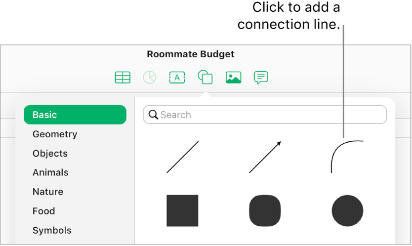 The shapes library is open, with Basic selected on the left and a number of lines and shapes, including a curved line, visible on the right.