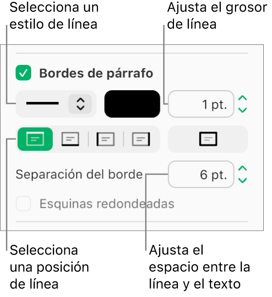 La casilla de verificación “Bordes de párrafo” está seleccionada en la pestaña Formato y, debajo de la casilla de verificación, aparecen controles para cambiar el estilo, el color, el grosor, la posición y la separación del texto.