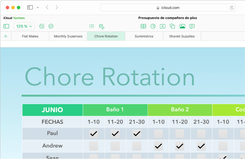 La parte superior izquierda de una hoja de cálculo muestra cinco pestañas de hoja; se selecciona la hoja “Rotación de tareas” y en la hoja se muestra una tabla con información sobre las tareas.