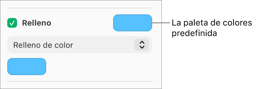 La casilla Relleno está seleccionada en la barra lateral y la paleta de colores predefinidos de la derecha muestra el color morado. Debajo de la casilla de selección, está seleccionado “Relleno de color” en un menú emergente.