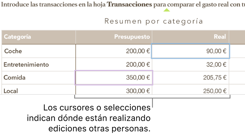 Cursores y selecciones de celdas de tabla de distintos colores que muestran dónde están editando otras personas en una hoja de cálculo compartida.