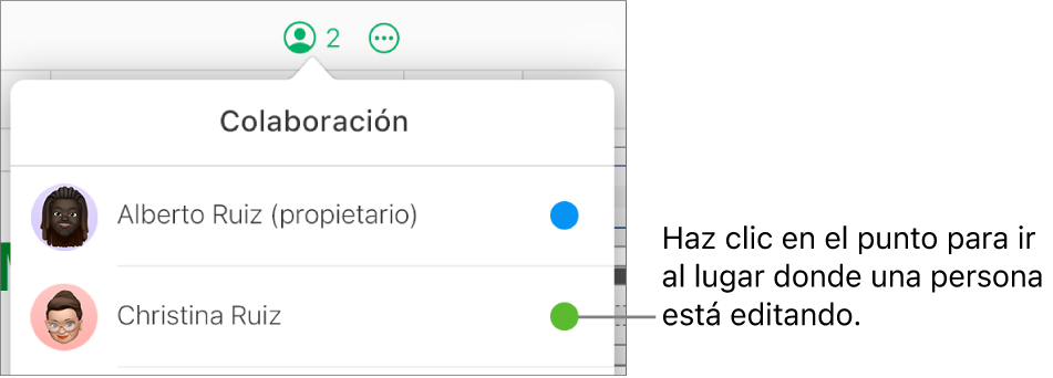 El menú Colaboración abierto con dos participantes y un punto de color diferente a la derecha de cada nombre.