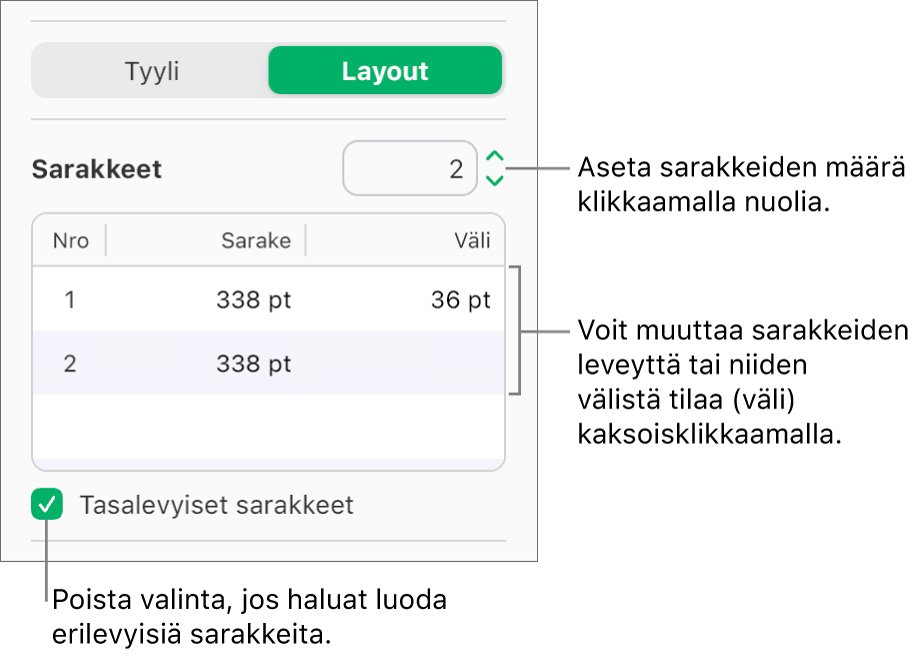 Kuvassa ovat Muoto-sivupalkin Asettelu-paneelin tekstisaraketoiminnot.
