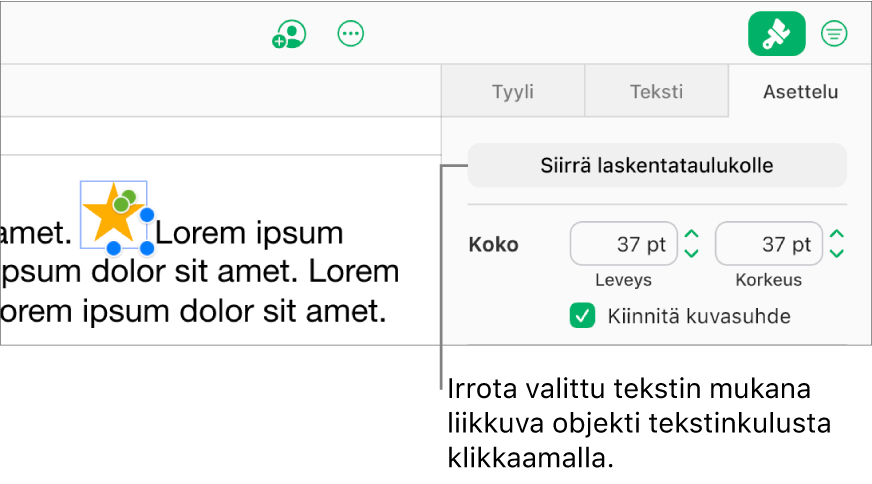 Tekstiin sidottu kuva on valittuna tekstilaatikossa. Sivupalkin Asettelu-välilehdessä näkyy Siirrä laskentataulukkoon -painike.