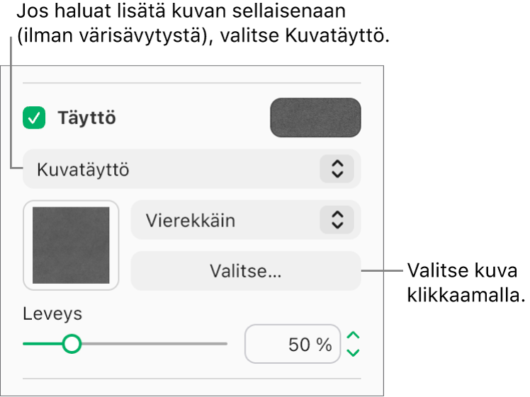 Sivupalkissa on valittuna Täyttö-valintaneliö, jonka alla olevassa ponnahdusvalikossa on valittuna Kuvatäyttö. Toiminnot kuvan valitsemista, sen objektin täyttötavan valintaa ja kuvan skaalaamista varten ovat ponnahdusvalikon alla. Väritäytön esikatselu näkyy neliössä (kun kuva on valittu).