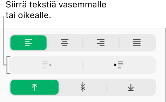 Nämä ovat Muoto-sivupalkin Ulonna- ja Sisennä-painikkeet.