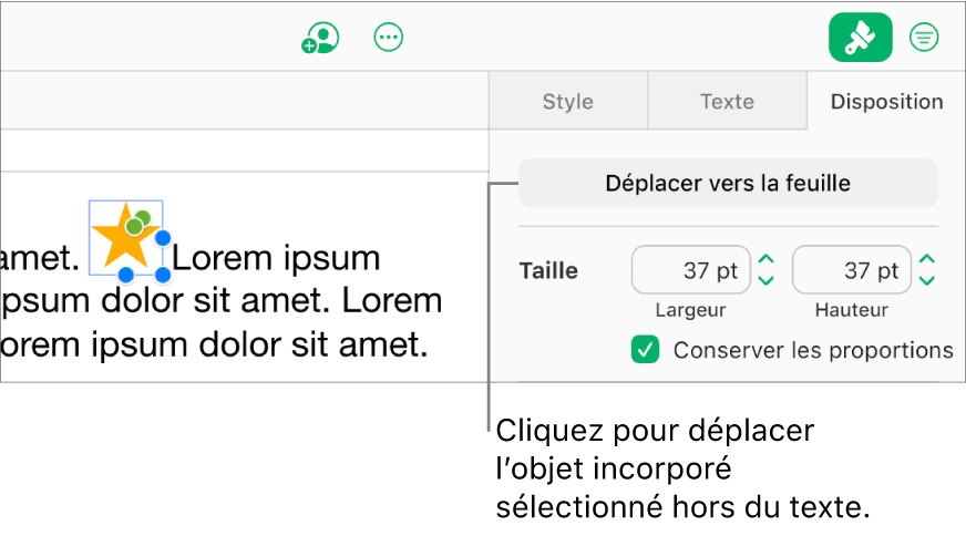 Une image incorporée à une zone de texte est sélectionnée et le bouton Déplacer vers la feuille est proposé dans l’onglet Disposition de la barre latérale.