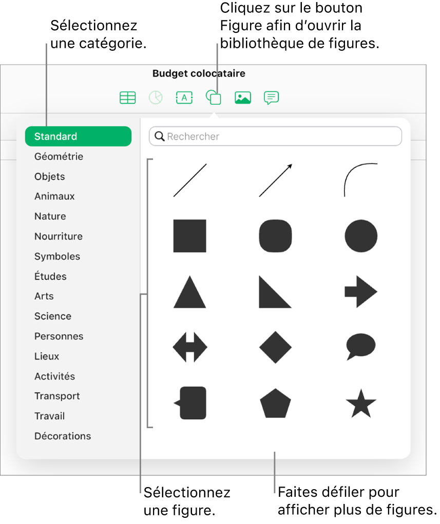 La bibliothèque de figures s’affiche sous le bouton Figure dans la barre d’outils. La catégorie Standard est sélectionnée à gauche et des figures courantes, telles que des cercles, des carrés et des lignes, s’affichent à droite.