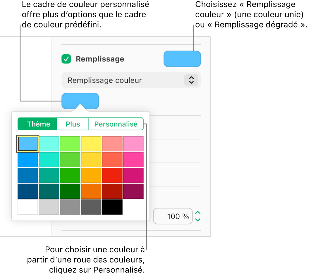 Remplissage couleur est sélectionné dans le menu Remplissage et le cadre de couleur affiché en dessous propose des couleurs de remplissage supplémentaires.