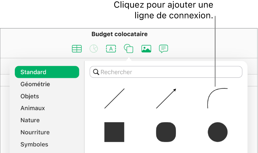 La bibliothèque de figures est ouverte, Standard est sélectionné sur la gauche et plusieurs lignes et figures, dont la ligne courbe, s’affichent à droite.