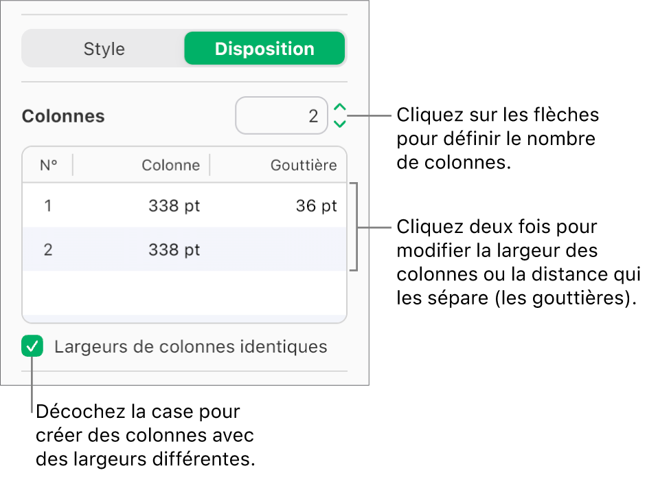 Commandes des colonnes de texte dans le volet Disposition de la barre latérale Format.