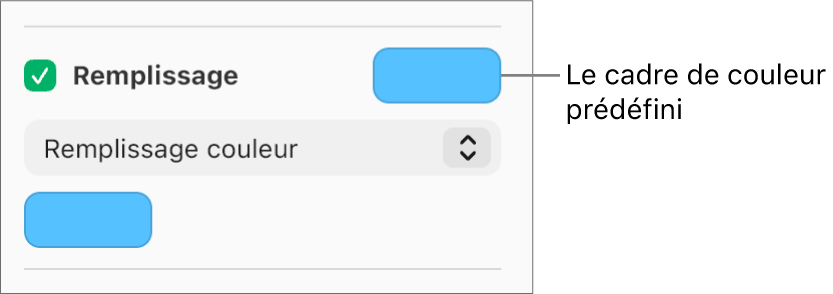 La case Remplir est cochée dans la barre latérale et le cadre de couleur prédéfini situé sur la droite de cette case est rempli en violet. Sous la case à cocher, l’option Remplissage couleur est sélectionnée dans un menu local.