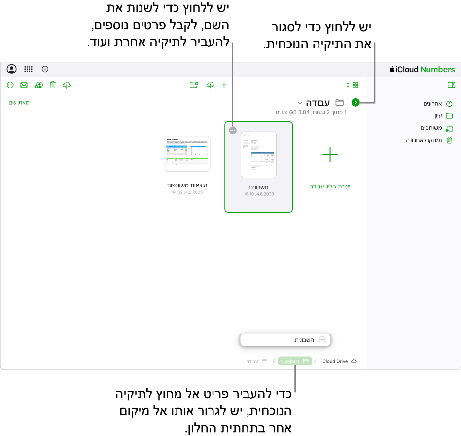 מנהל המסמכים בתצוגת ״עיון״, עם גיליון עבודה שנגרר מהתיקיה הנוכחית למיקום חדש (תיקיית Numbers) בתחתית החלון. מתחת לסרגל הכלים מופיע הכפתור ״הקודם״ מימין לשם התיקייה הנוכחית (״עבודה״).