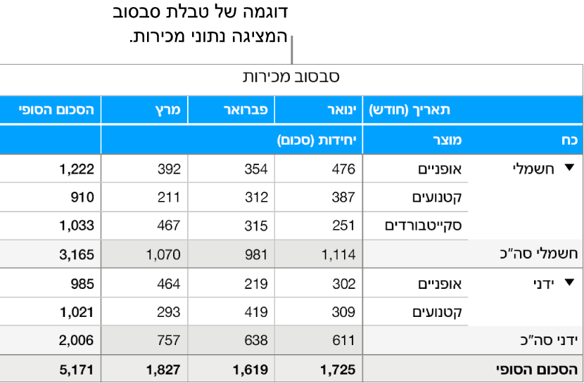 טבלת סבסוב שמציגה נתונים מסוכמים עבור אופניים, קטנועים וסקייטבורדים, עם כלי בקרה לחשיפת נתונים מסוימים.