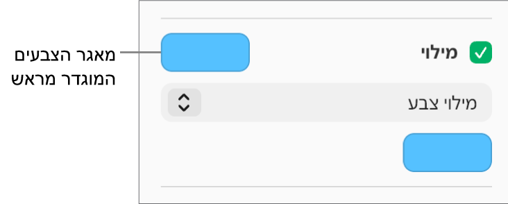 תיבת הסימון ״מילוי״ נבחרת בסרגל הצד ומאגר הצבעים המוגדר מראש שמופיע משמאל לתיבת הסימון מלא בצבע סגול. מתחת לתיבת הסימון, האפשרות ״מילוי צבע״ נבחרת בתפריט הקופץ.