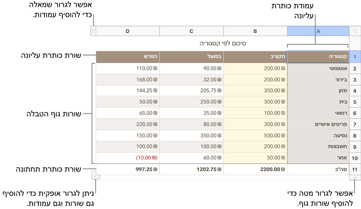 טבלה שמציגה שורות ועמודות של כותרת, גוף מלל ושל כותרת תחתונה ושבה ניתן להוסיף או למחוק שורות או עמודות.